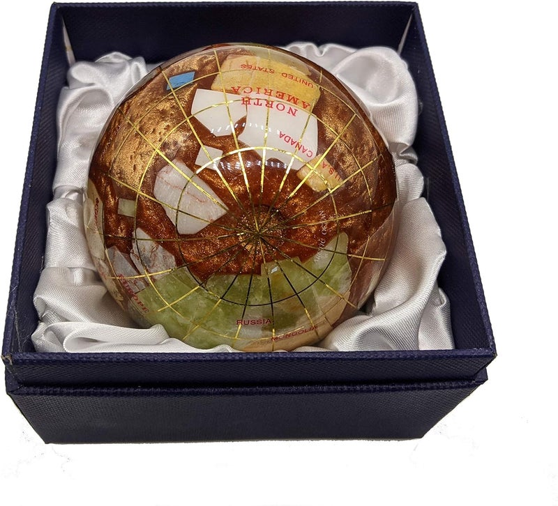 Unique Art Since 1996 3-Inch Amber Pearl Swirl Ocean Gemstone World Globe Paper Weight - Image 1